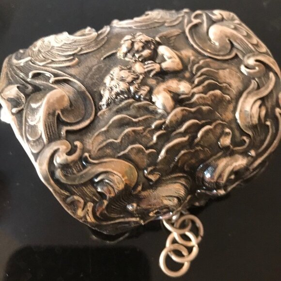 Kissing Cherub Wide Sterling Silver Cuff Bracelet Unger Brothers Angel Putti - Picture 6 of 13